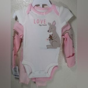 NWT NEW Carters Girls 0-3 Months 3 Pack Pink Kangaroo Long Sleeve  Bodysuit Pant